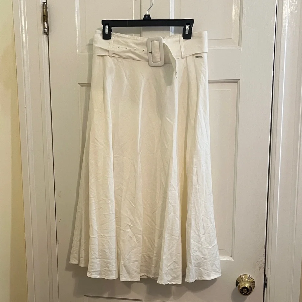 NWT - T Tahari Chic White Belted A-Line Linen Blend Lined Skirt - Picture 2 of 9
